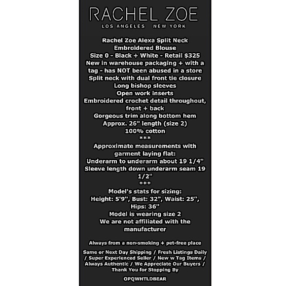 $325 Rachel Zoe Split Neck Embroidered Blouse 0 XXS XS Black + White Cotton NWT - Picture 2 of 14